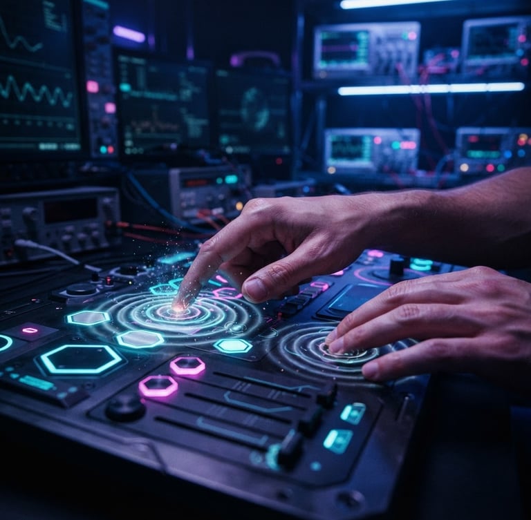 Primer plano de manos interactuando con una interfaz háptica personalizada, con vibraciones sutiles visibles como ondas de luz, en un entorno de laboratorio oscuro con iluminación de neón.