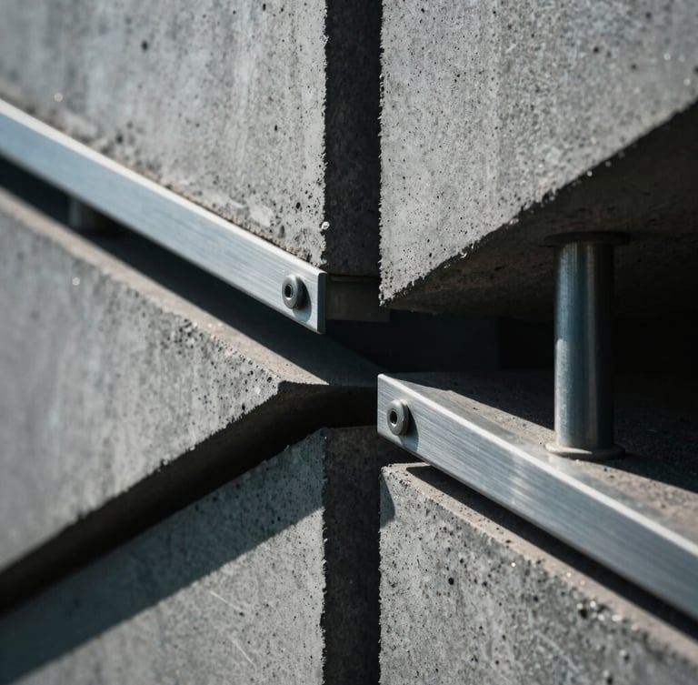 Extreme close-up macro shot of interlocking raw concrete panels and brushed steel fixtures, sharp geometric shadows, low-key dramatic lighting, cool-toned natural light, high-contrast architectural texture.