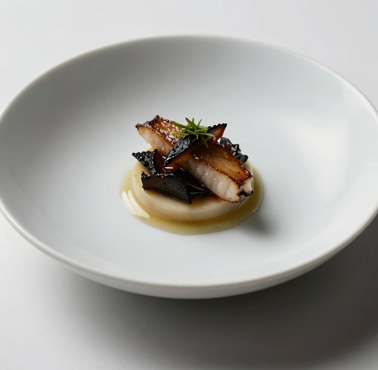 Extreme close-up of a minimalist plated dish on a stark white surface, hard studio lighting creating sharp 90-degree shadows, emphasizing structural culinary discipline.