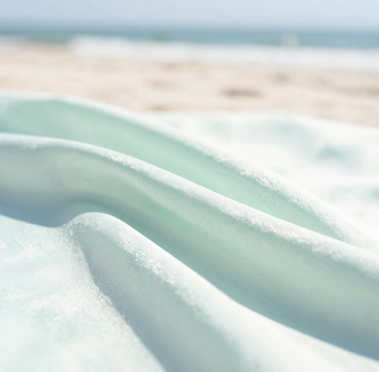 Close-up of soft silk fabric folds in soft seafoam green, bright high-key coastal daylight, shallow depth of field, 35mm