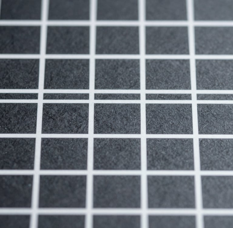 Macro photograph of a structured grid layout on a screen, cool slate tones, sharp typography lines, minimal daylight, 50mm