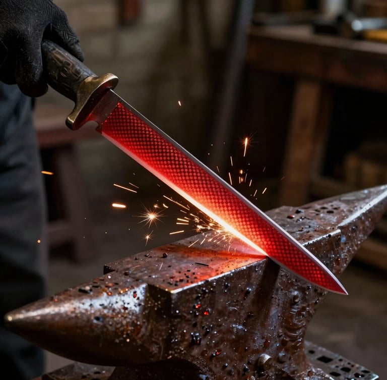 Extreme close-up of a glowing red carbon steel blade on a dark iron anvil, sparks flying, high-contrast side lighting from the forge, deep shadows, rustic workshop background.