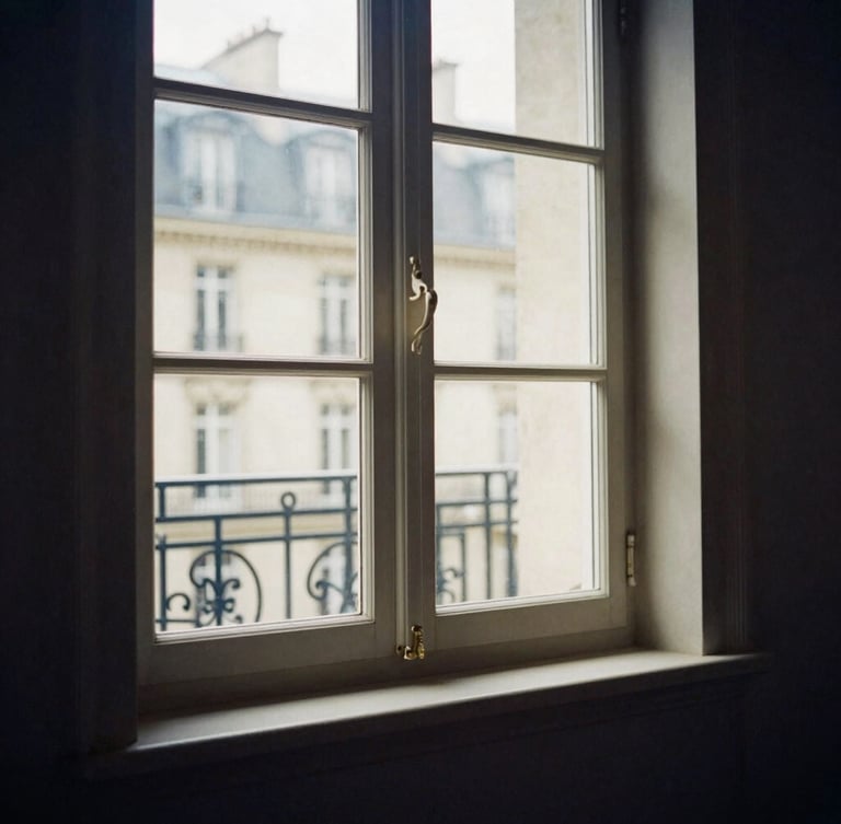 Soft natural daylight reflecting off an elegant architectural window frame in a quiet Parisian office, deep navy shadows, high contrast, warm editorial style, 35mm lens.