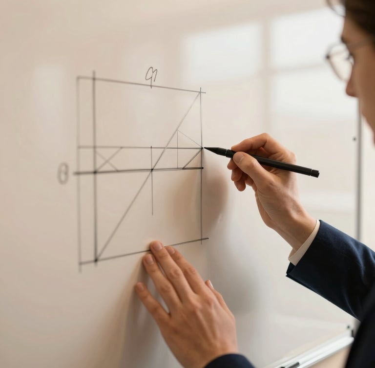 Close-up of hands sketching a clean structural diagram on a whiteboard in a sunlit meeting room, soft focus, warm champagne tones