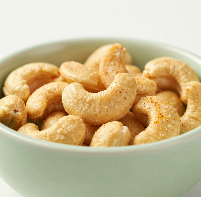 Macro shot of golden roasted cashews seasoned with sendha namak in a minimalist sage green ceramic bowl, soft side light, premium food photography