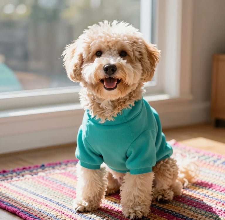 A happy fluffy dog sitting proudly on a colorful woven rug, wearing a vibrant teal pet shirt, warm natural daylight streaming through a window, 50mm lens
