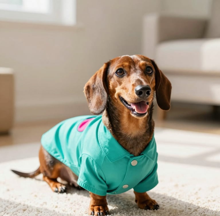 Eye-level bright colorful pet photography of a happy dachshund wearing a custom-tailored vibrant teal shirt in a sunny room, warm daylight, shallow depth of field, 50mm