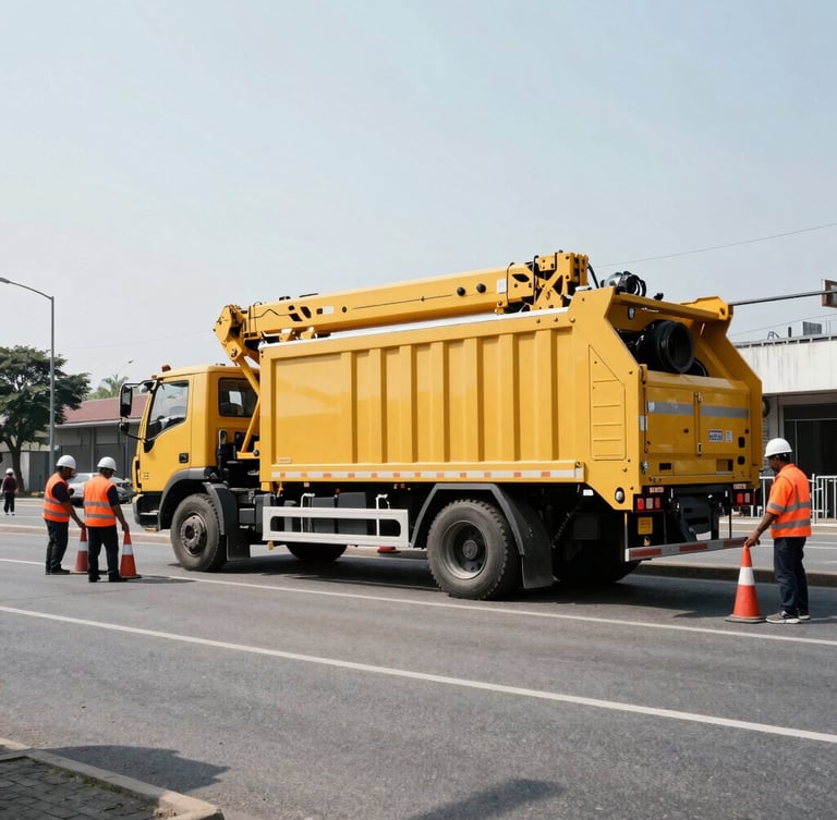 Wide panoramic shot of a yellow municipal crane truck operating on an urban street, workers in high-visibility orange vests setting up cones, hard direct daylight, industrial documentary style.