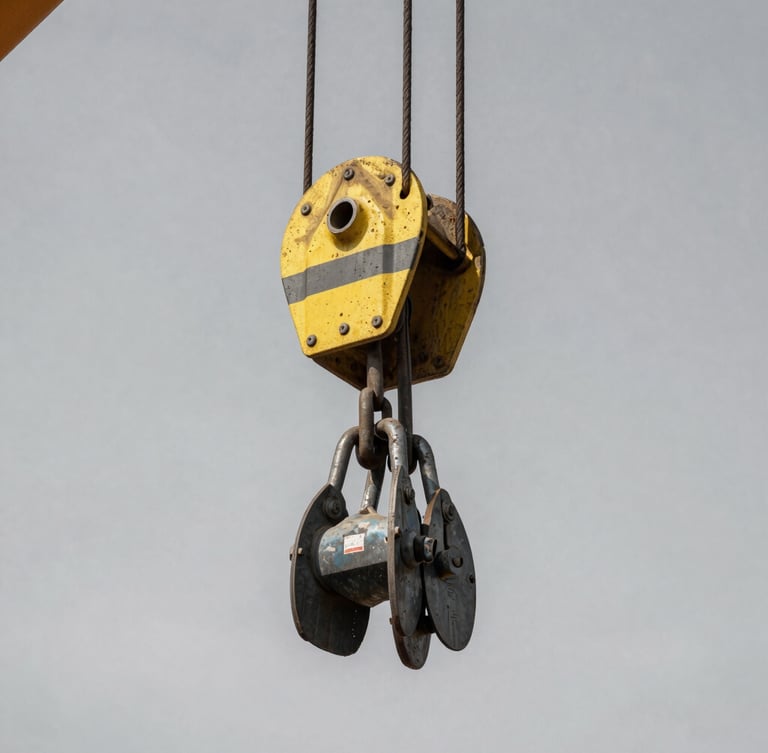 Industrial documentary photography, close-up of heavy rigging gear and steel shackles under hard direct daylight, high-contrast desaturated tones, 35mm lens.