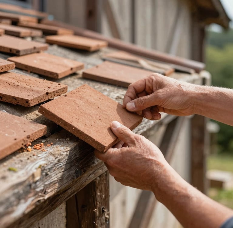 Gros plan sur des mains d'artisan couvreur ajustant une tuile plate en terre cuite sur une charpente en bois traditionnelle, lumière naturelle du matin