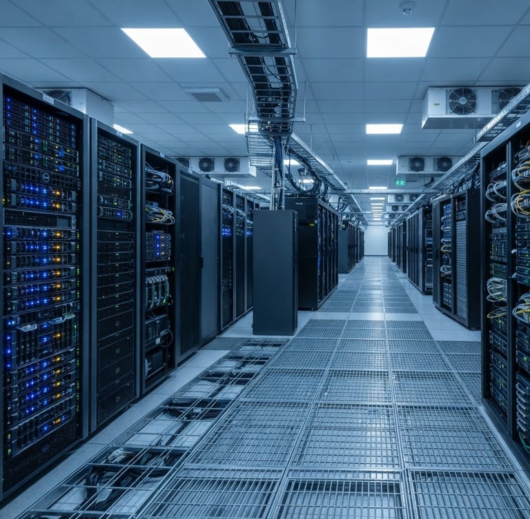 Wide panoramic shot of neatly organized server racks in a modern data center, cool blue and slate gray tones, crisp technical photography, sharp focus, 35mm lens.