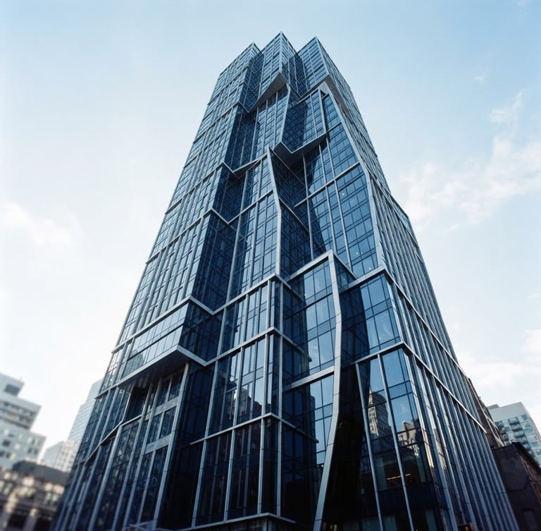 Architectural lines of a modern corporate high-rise reflecting cool daylight, sharp focus, deep navy and silver tones, 35mm