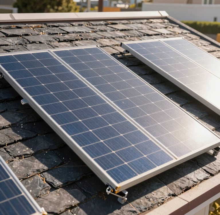 Close-up architectural detail of modern solar panels mounted cleanly on a dark slate roof, bright Southern California morning light, sharp focus