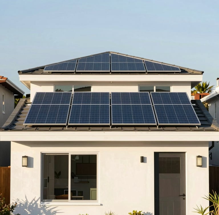 Straight-on architectural shot of a modern San Diego home with integrated solar panels on a crisp roofline, bright afternoon light