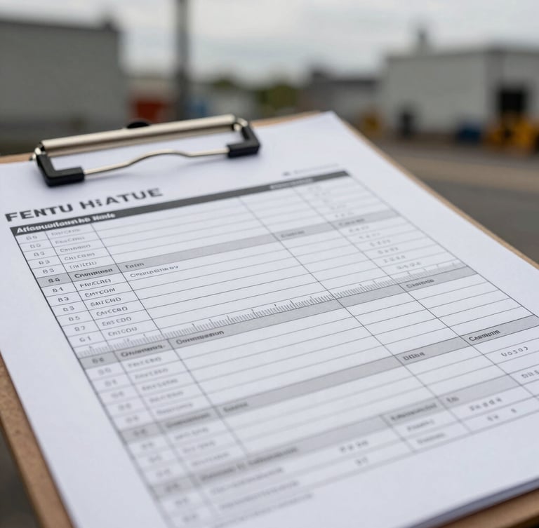 Macro detail shot of a heavy steel clipboard on an industrial site, a technical appraisal form filled out with precise measurements, overcast daylight, gritty desaturated metallic tones, sharp focus, 35mm lens.