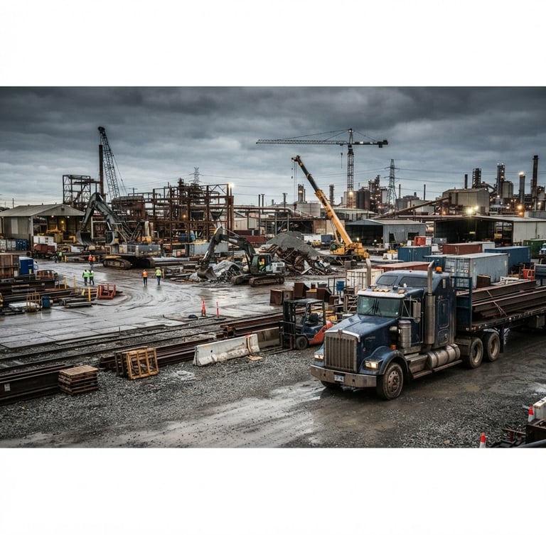 Wide panoramic industrial yard at dawn, a semi-trailer truck parked to the right, heavy machinery in the background, high-contrast overcast light, desaturated metallic tones, sharp focus.