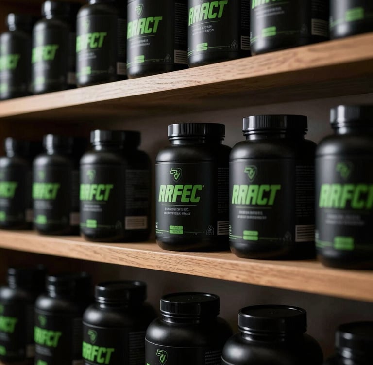 Close-up of premium black supplement tubs on physical wooden shelves, dramatic high-contrast side lighting, athletic look, 35mm lens