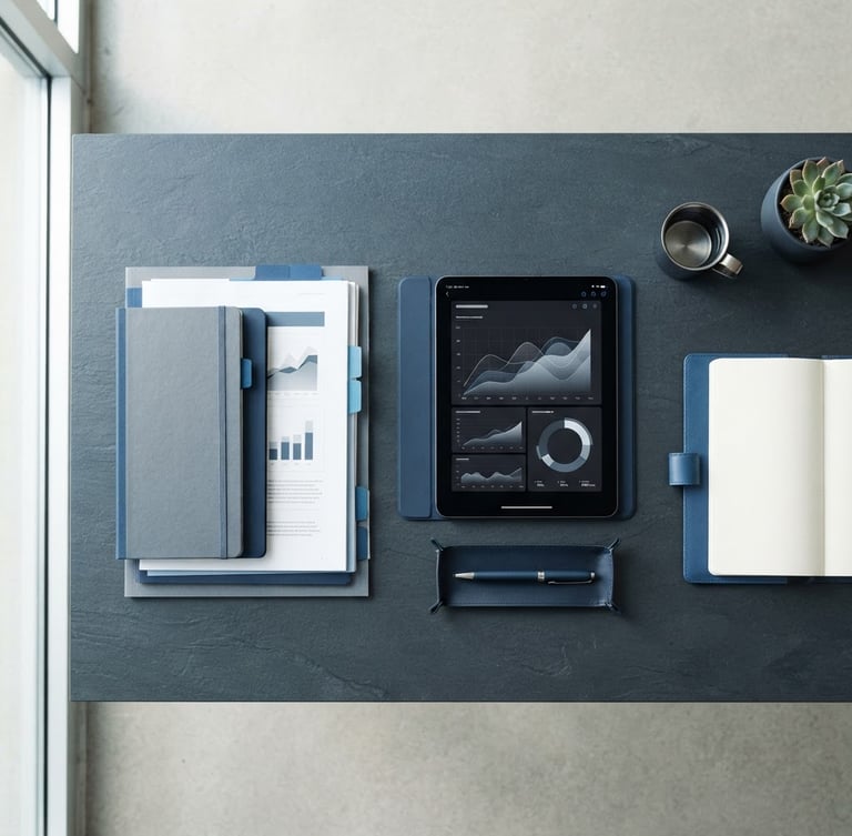 Overhead desk layout with structured documents, a sleek digital device, and a clean pen under bright daylight, slate and blue tones, sharp focus