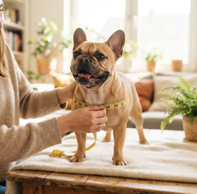 Eye-level warm shot of a cheerful French bulldog being gently measured with a soft yellow measuring tape in a bright, sunlit room, shallow depth of field