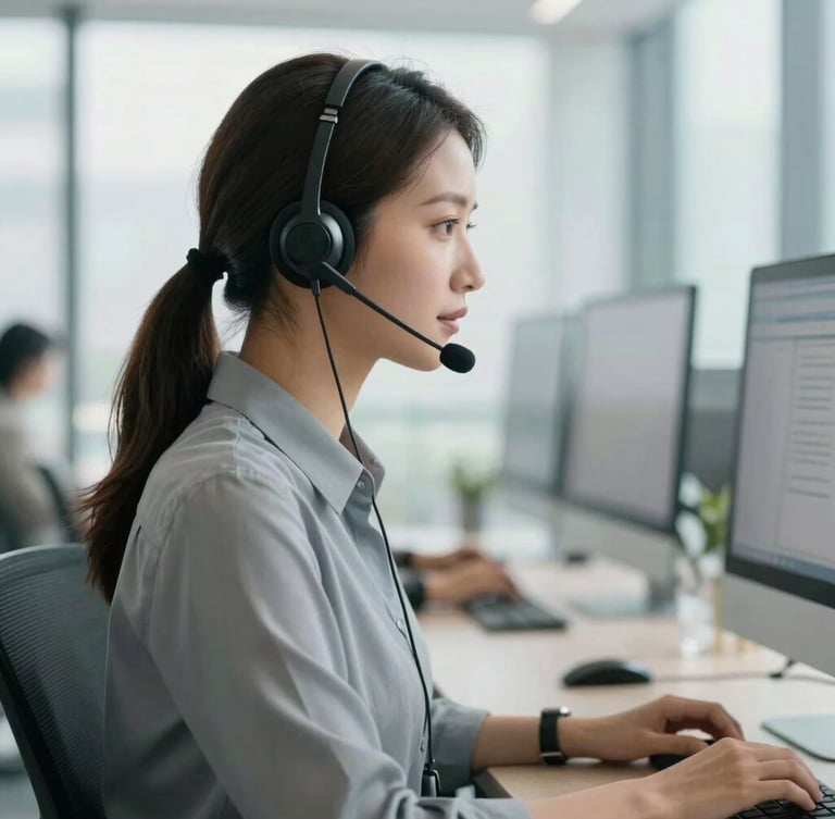 Cinematic side profile of a highly focused customer care agent in a clean, daylight-flooded modern workspace, wearing a sleek professional headset, soft natural shadows, sophisticated atmosphere.