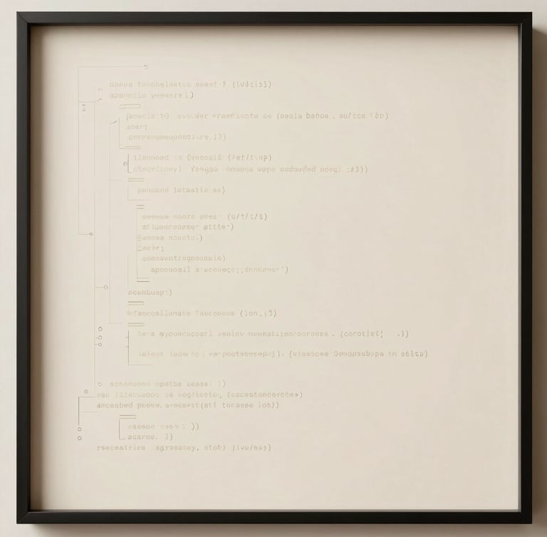 Minimalist portrait-oriented render of an interactive digital interface, showing delicate code-generated lines on a warm cream canvas, elegant framing.