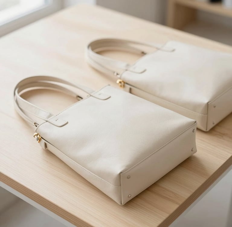 Bright high-key editorial photograph of structured cream leather handbag panels laid out on a clean light wood workbench, soft natural light, shallow depth of field