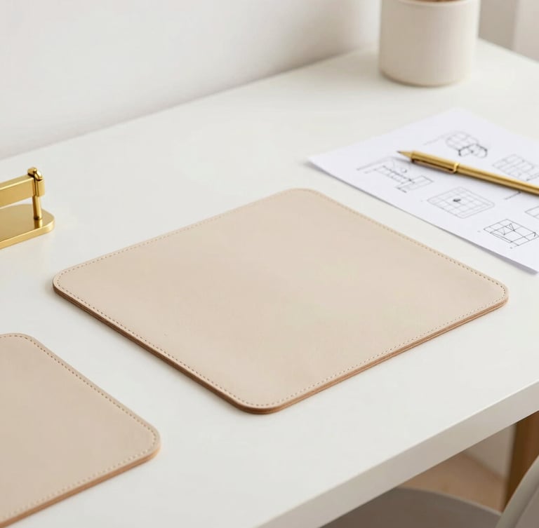 A clean flat-lay of premium beige leather hides, brass hardware components, and technical pattern sketches on a bright minimalist designer workbench, soft diffused daylight.
