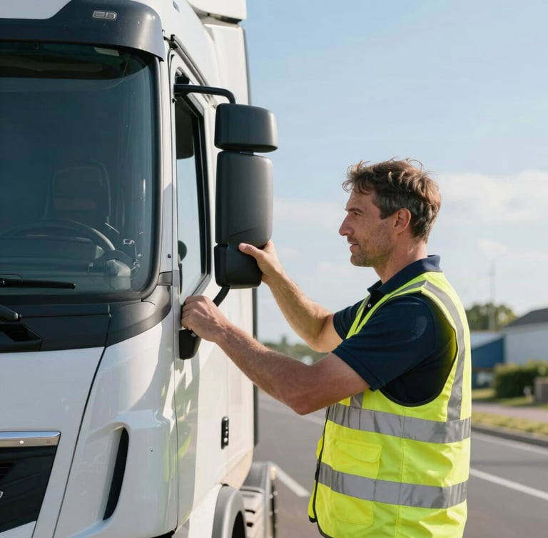 A professional UK transport driver in high-visibility vest checking side mirrors of a modern truck, bright natural morning daylight, crisp focus, 35mm editorial photography.