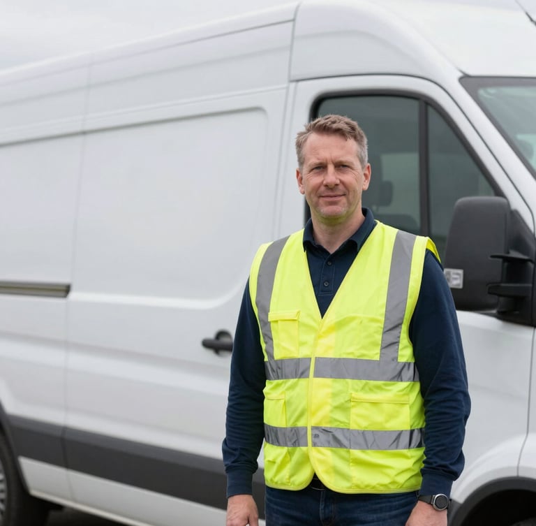 Crisp editorial portrait of a UK logistics manager in a high-visibility vest standing next to a modern fleet vehicle, bright overcast daylight, 35mm