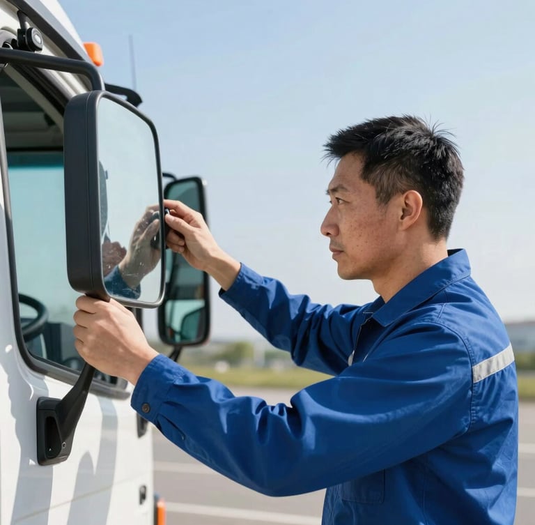 Crisp editorial photography of a professional transport driver checking mirrors under bright natural daylight, 35mm