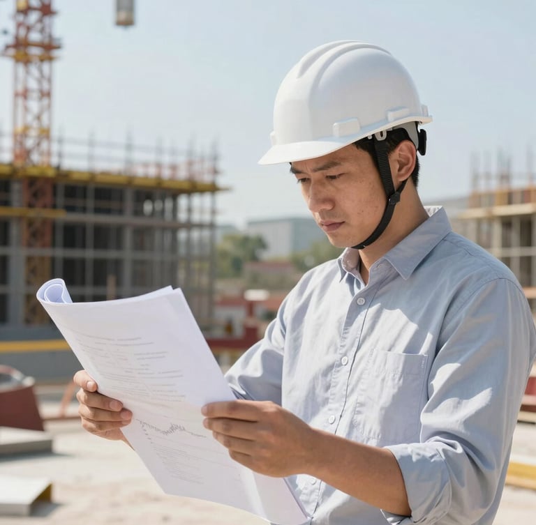 Crisp editorial photography of a construction manager wearing a hard hat on-site, looking at plans, bright natural daylight, clean high-contrast tones, sharp focus, 35mm