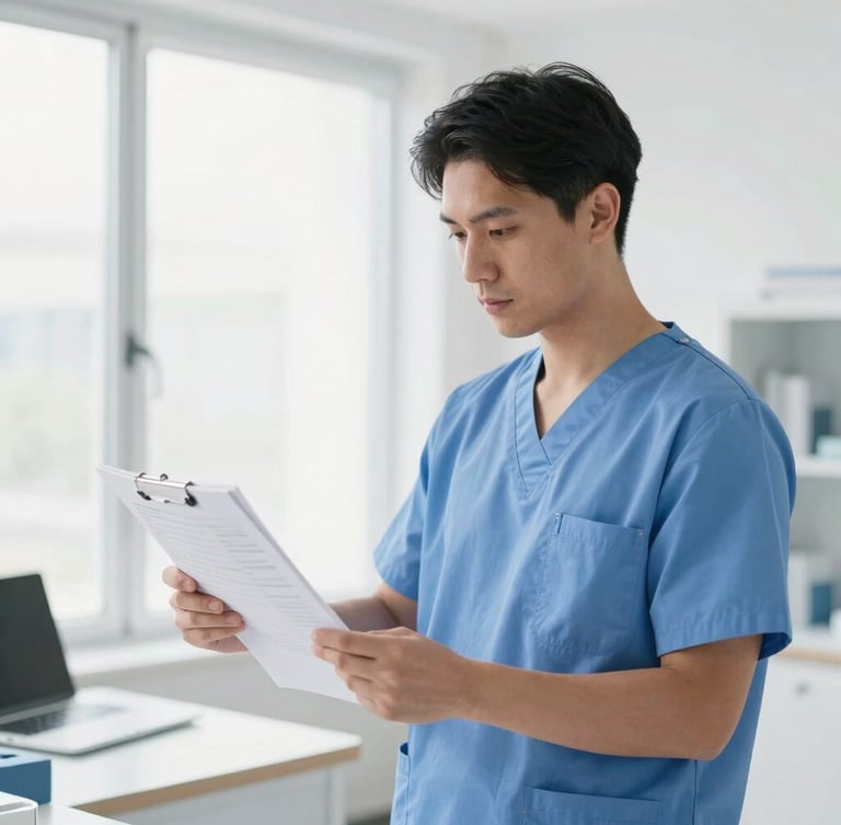 A healthcare professional in clean blue scrubs reviewing digital records in a brightly lit modern clinical environment, crisp editorial style, natural light.