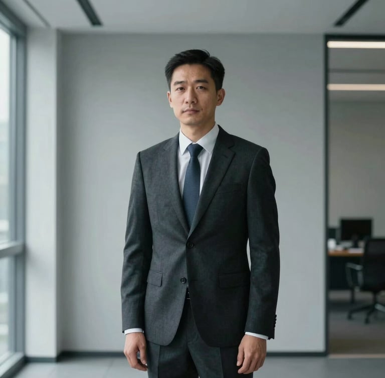 Sober environmental portrait of a lawyer in a dark charcoal suit, standing in a modern, minimalist office with clean architectural lines, soft diffused light, professional and technical mood.