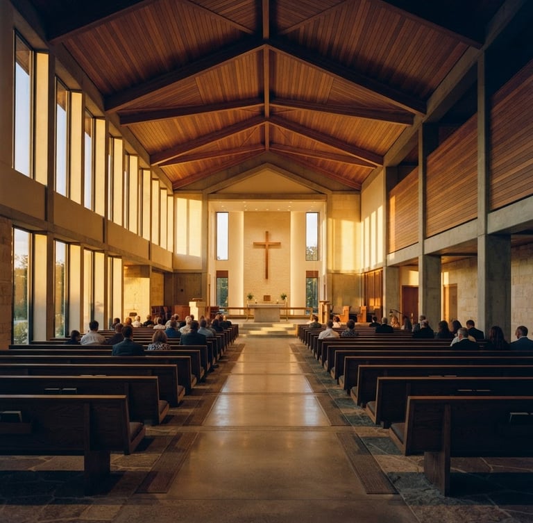 Wide environmental shot of a sunlit modern church sanctuary, warm golden hour light streaming through high side windows, clean architectural lines, symmetrical composition, 35mm