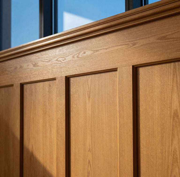 Close-up of premium acoustic timber paneling on a sanctuary wall, warm natural light highlighting the grain and precise craftsmanship, clean architectural detail