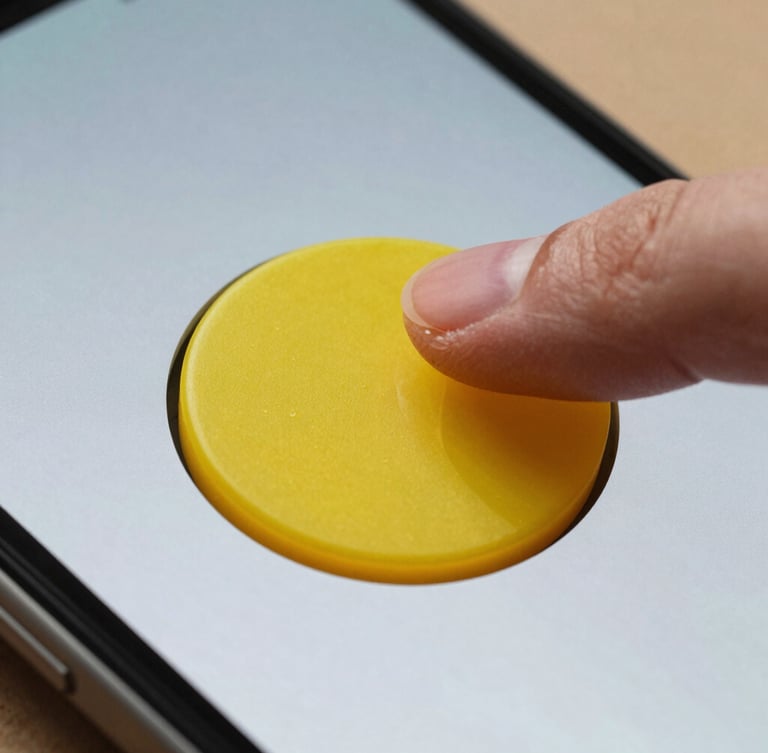 Extreme close-up macro shot of a thumb tapping a large, high-contrast yellow button on an Android screen, casting a sharp playful shadow in bright daylight.