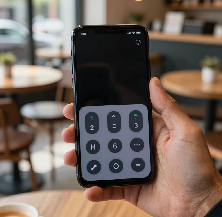 Macro shot of a diverse hand holding an Android phone in a sunlit coffee shop, showing a high-contrast user interface with large tactile buttons and clear focus indicators.