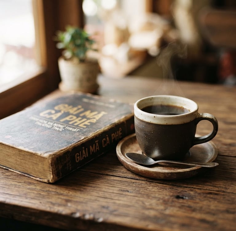 A rustic hardcover book titled 'Giải mã Café' resting next to a steaming ceramic cup of black coffee on a warm wooden table, soft morning window light, shallow depth of field, 35mm film style