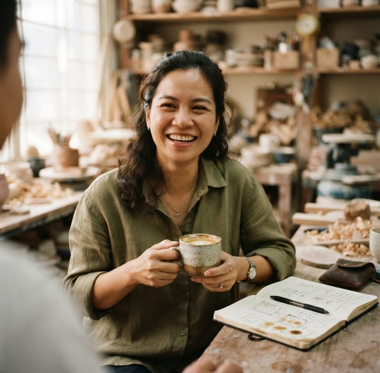 Candid environmental portrait of Nguyen Le smiling, holding a ceramic coffee cup in a warm-lit workshop, an open notebook nearby, soft espresso tones, shallow depth of field, 35mm film.