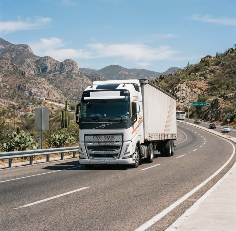 Wide-angle highway shot of a modern heavy-duty cargo truck driving in bright daylight on a Mexican highway, clean corporate tones with subtle orange accents, sharp focus, 35mm