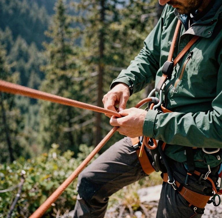 Close-up of a professional mountain guide in a forest green jacket adjusting a climbing harness, safety orange ropes in focus, harsh natural sunlight, rugged outdoor photography.