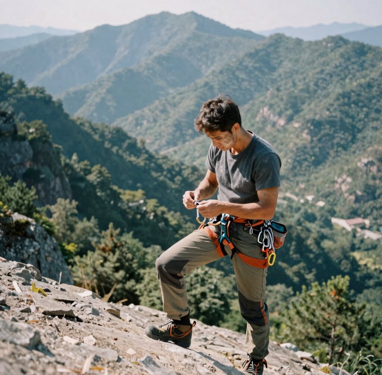 Climber in rugged gear standing on a ledge, adjusting a carabiner, face smudged with dust, looking focused, natural harsh sunlight, mountain range in the background