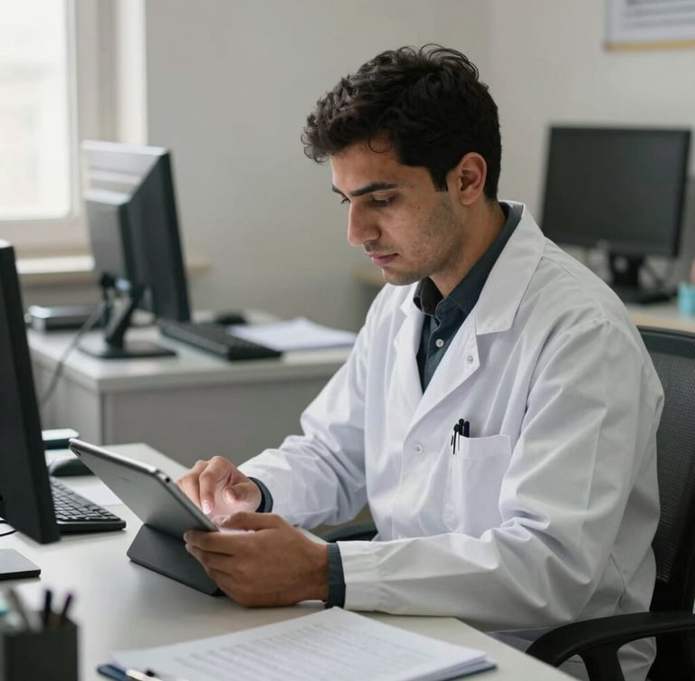 A professional researcher analyzing data on a tablet in a clean Kabul office, natural diffused morning light, high-trust humanitarian context.