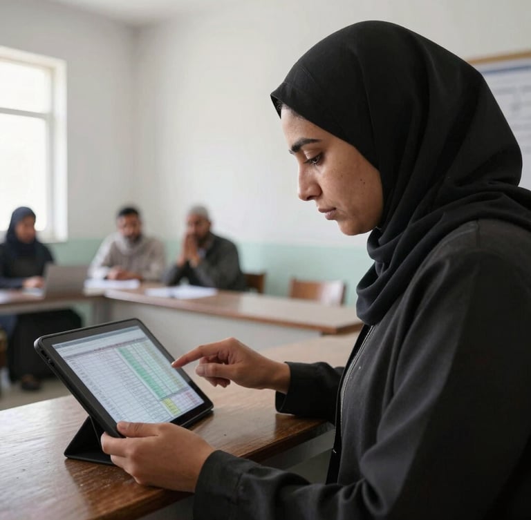 Documentary editorial photography of a local Afghan researcher reviewing digital survey data on a tablet inside a structured community room, natural diffused daylight, professional serious tone.