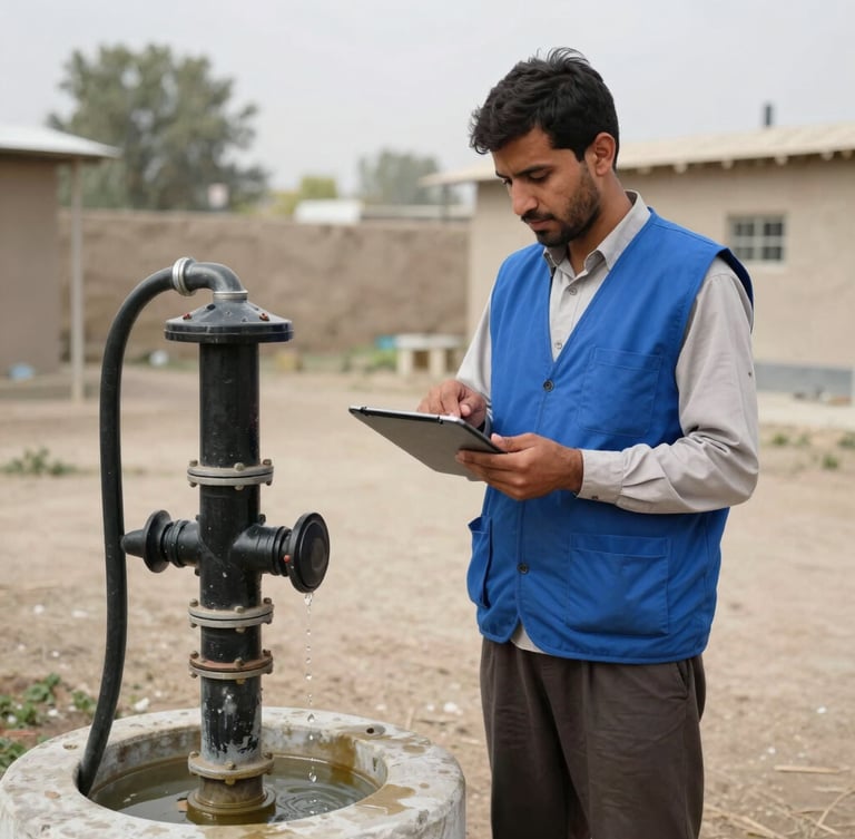 A local Afghan engineer in a blue vest holding a tablet, inspecting a newly installed water pump system in a rural village, natural daylight, documentary editorial photography.