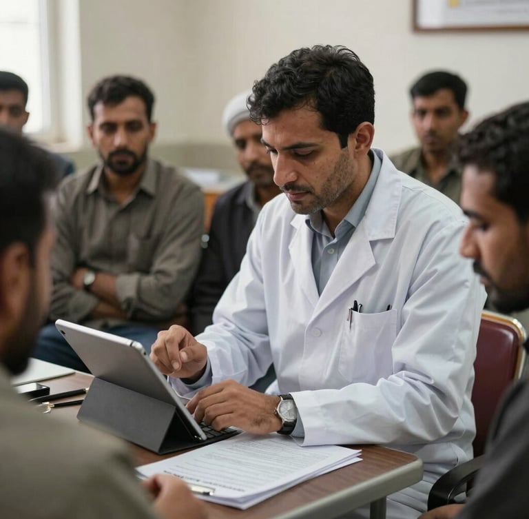 A professional Afghan researcher in Kabul reviewing data on a tablet with local community leaders, natural diffused daylight, professional documentary editorial photography style