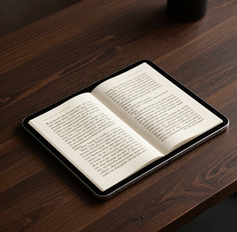 A high-end modern tablet displaying a beautifully typeset digital book page with elegant serif typography, placed on a minimalist dark oak desk, soft dramatic side lighting.