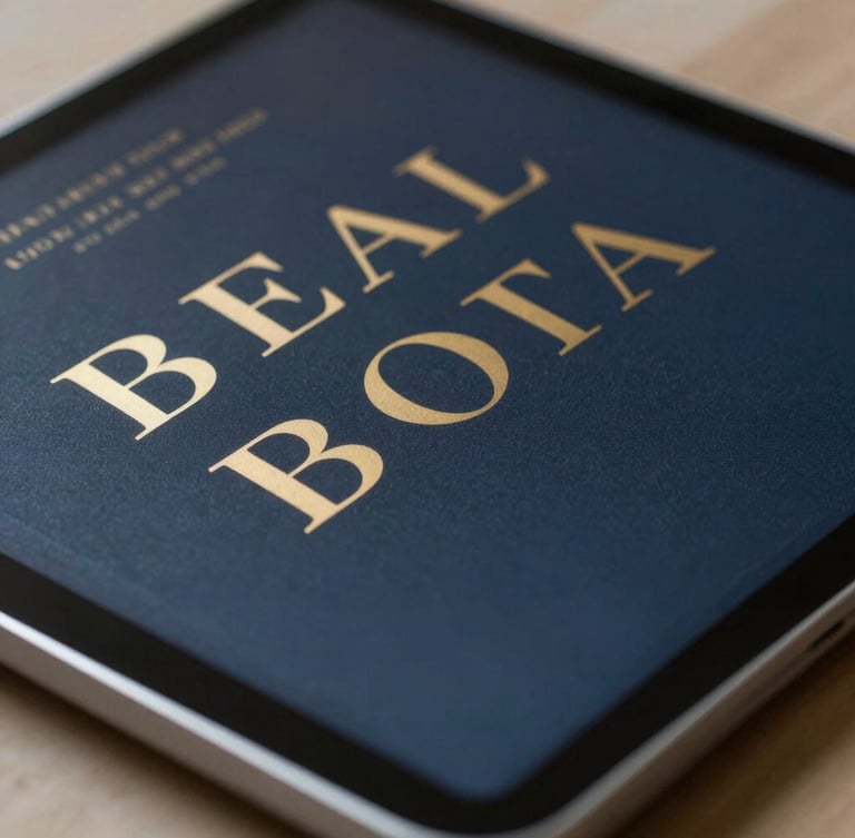 Macro close-up of a premium digital book cover on a modern tablet, elegant serif typography, deep navy and gold accents, soft natural side lighting.