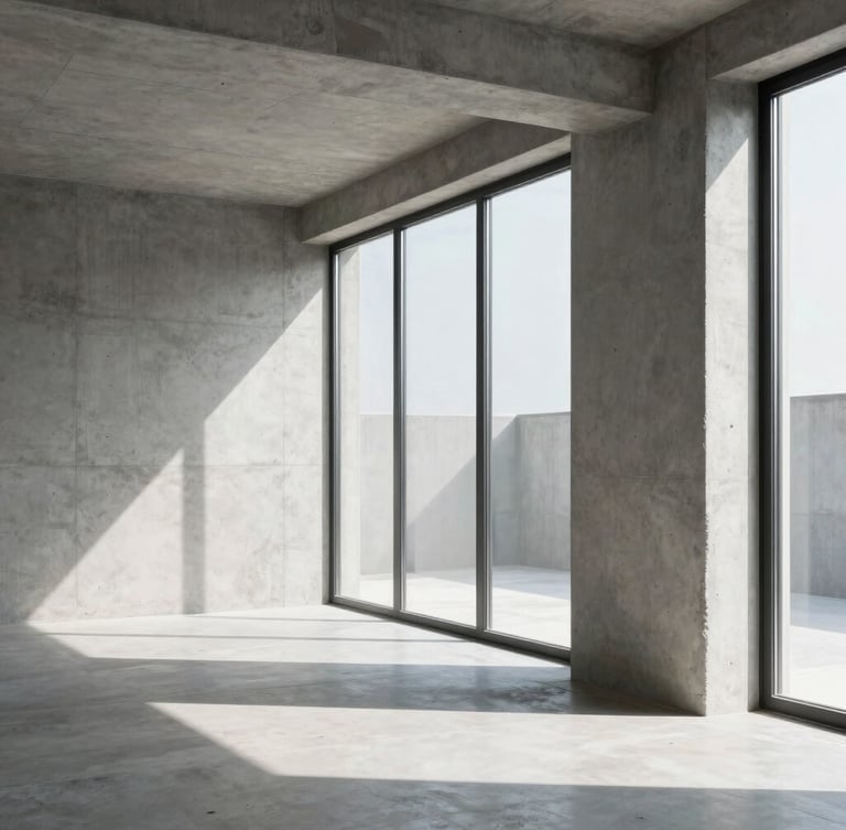 A clean, high-contrast architectural crop of a modern concrete workspace with bright natural daylight streaming through a large window, minimal lines.
