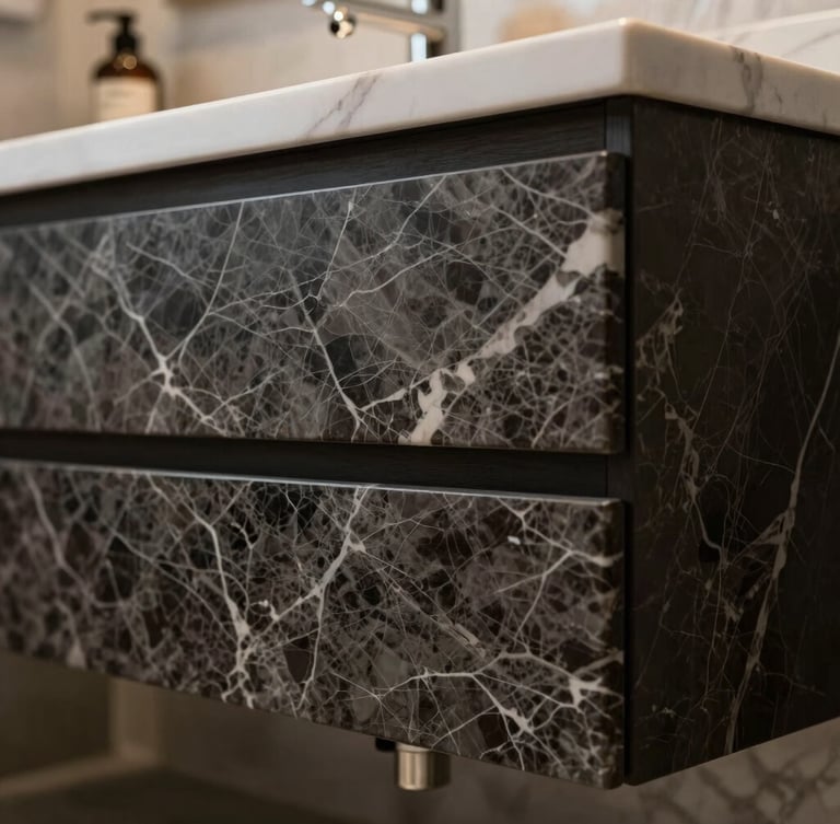 Close-up of custom millwork and marble vein alignment in a luxury bathroom, sharp focus, high contrast, deep charcoal shadows.